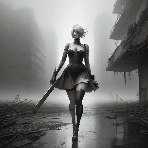 AI generated: photorealistic, full body picture, Margot Robbie as 2b from Nier Automata walking in the ruins of a ...