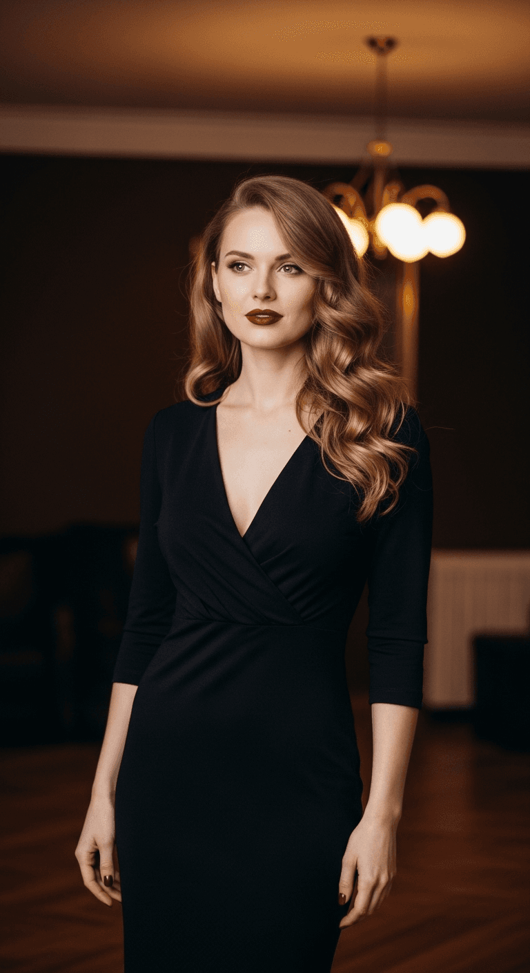 AI generated: Posing in a room with dark walls and a high ceiling, a woman exudes confidence and allure. Her slend...