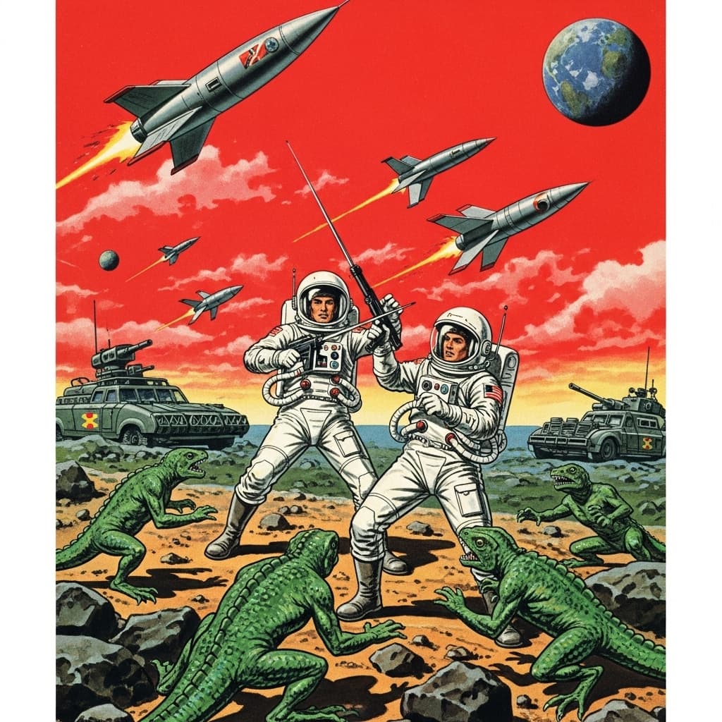 AI generated: A vintage pulp cover of an alien planet with two astronauts in space suits fighting green lizard peo...