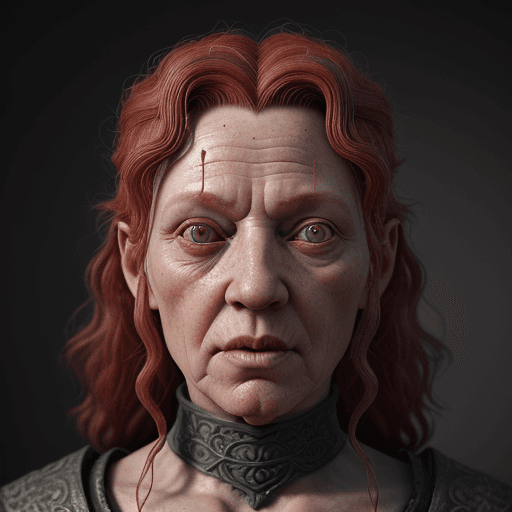 AI generated: old ginger witch, ugly face, very curly red and grey hair, medieval clothes, blind eyes, ultrarealis...
