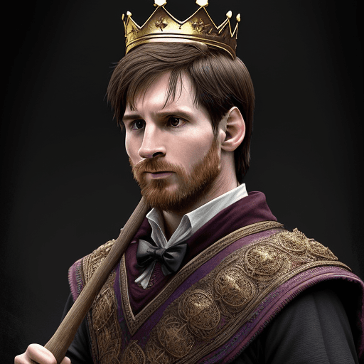 AI generated: Lionel Messi with a majestic crown, ride a broomstick like harry potter, D&D, fantasy, intricate, el...