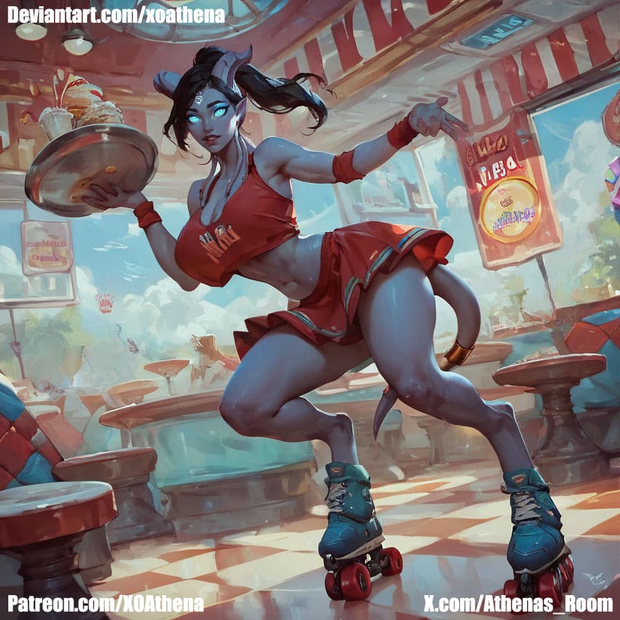 AI generated: 1girl, draenei, ponytail, white skin, black hair, semi-realistic, roller skates, whole body, big bre...