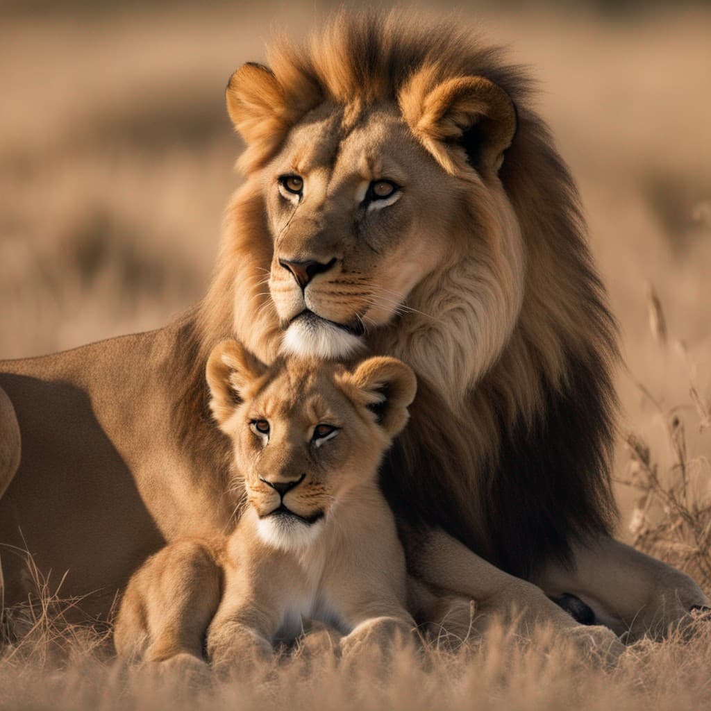 AI generated: A hyperrealistic photo of a lion with her cub in in their natural habitat, savannah landscape, profe...