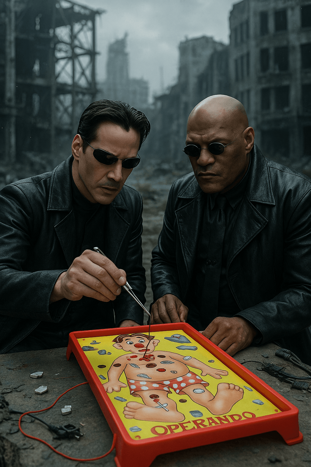 AI generated: Sujeto principal: Neo y Morpheus, ambos vestidos con sus icónicos atuendos oscuros de cuero negro. N...