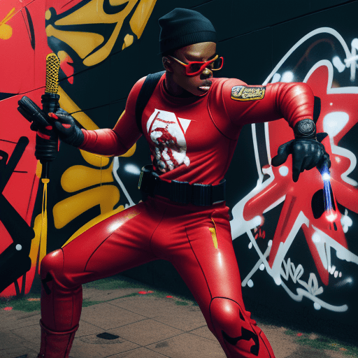 AI generated: JOHN BOYEGA IN A RED SPANDEX SUIT, WITH YELLOW GLOVES AND BOOTS , SUNGLASSES AND RED BACKWARDS CAP H...