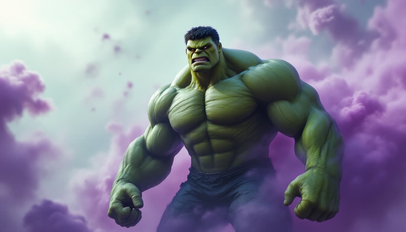 AI generated: purple smoke. hulk, muscular body, giant size, 4k, half robot