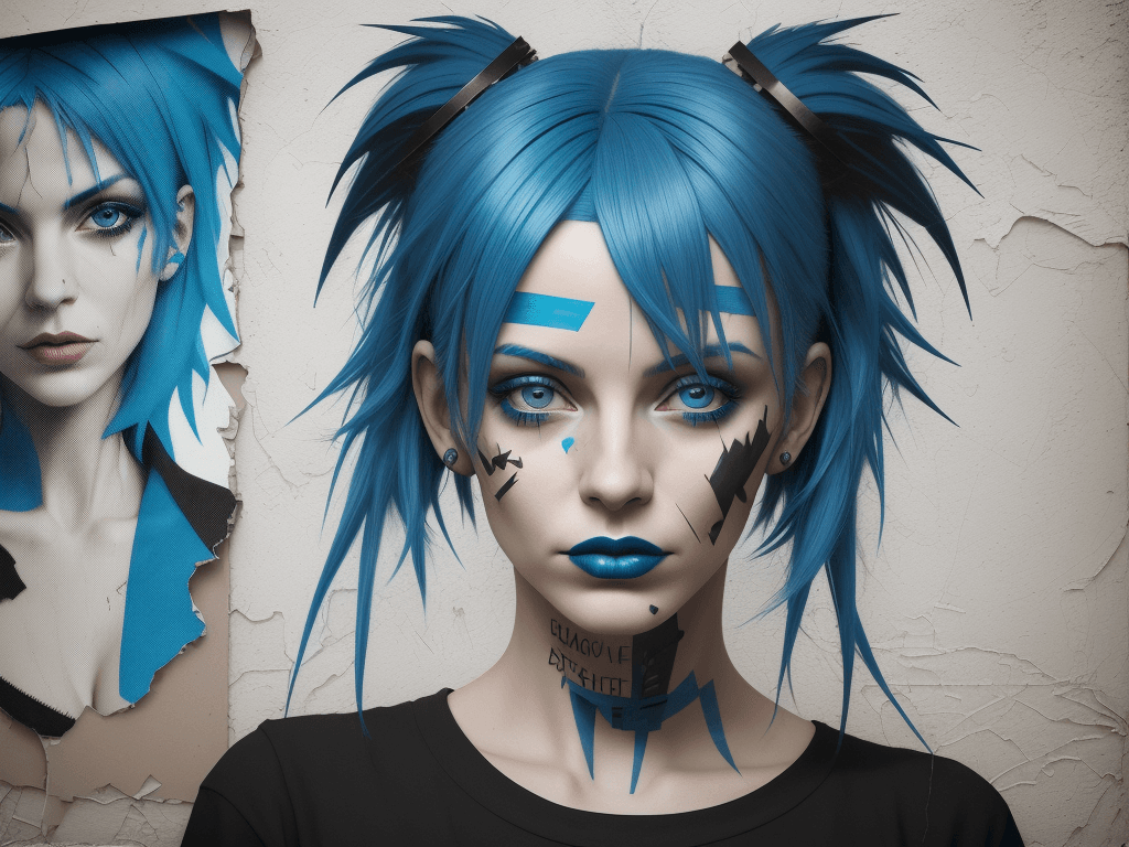 AI generated: woman with blue hair, in the style of multi-layered collages, edgy street art, celebrity-portraits, ...
