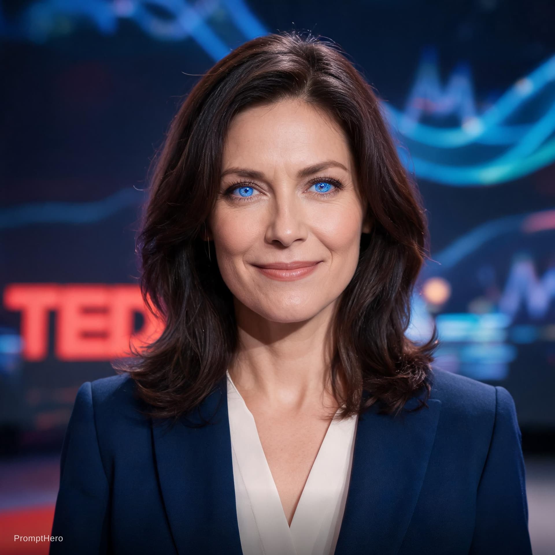 AI generated: ELIA, a benevolent artificial intelligence represented in human form.

Female AI presenter, approxim...
