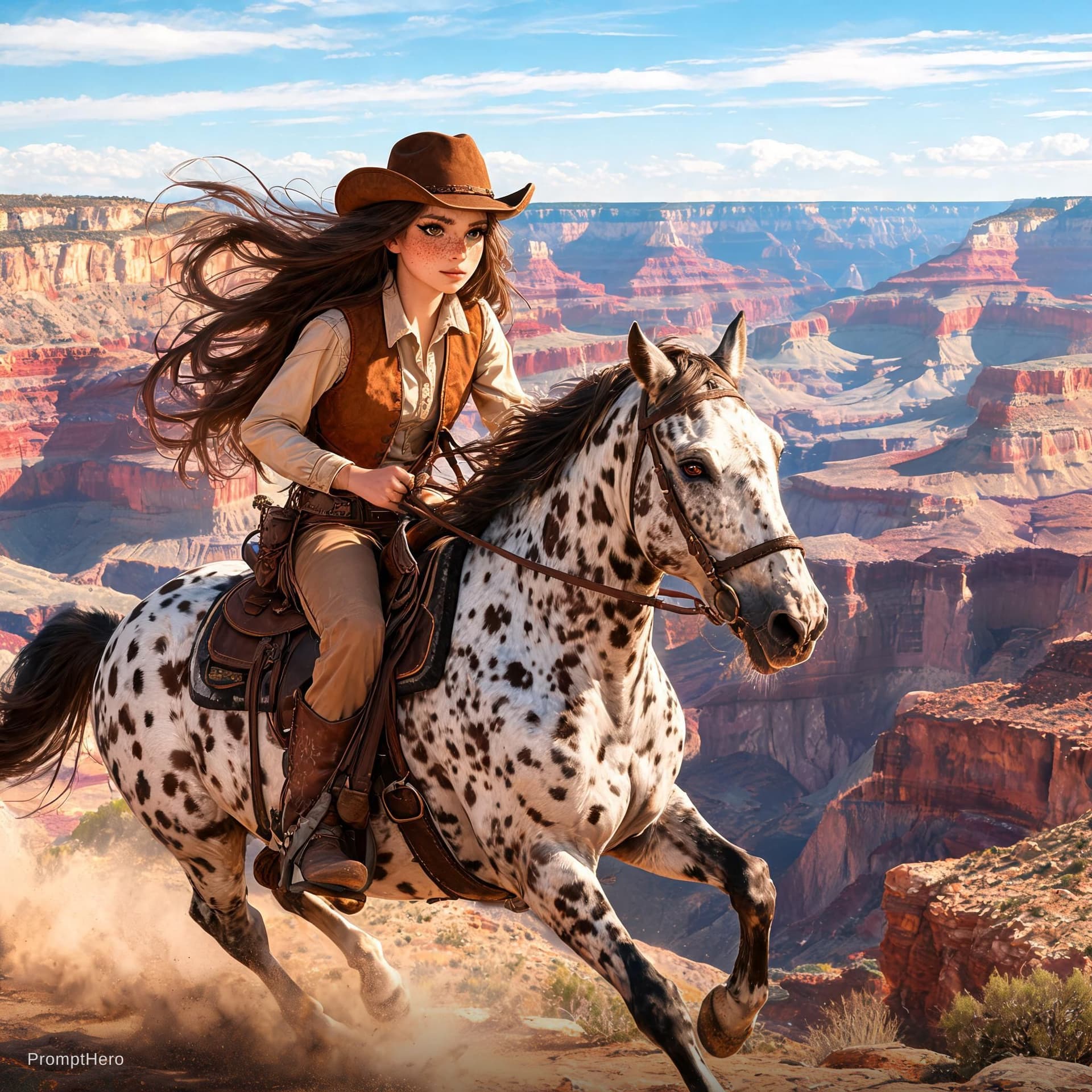 AI generated: Incredibly beautiful Brunette Cowgirl with light brown eyes, long eyelashes, black eyeliner, freckle...