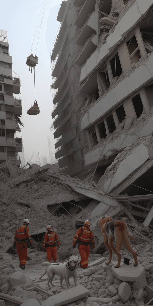 AI generated: following a huge earthquake, rescuers men dogs, cranes, seek
  survivors in the rubble