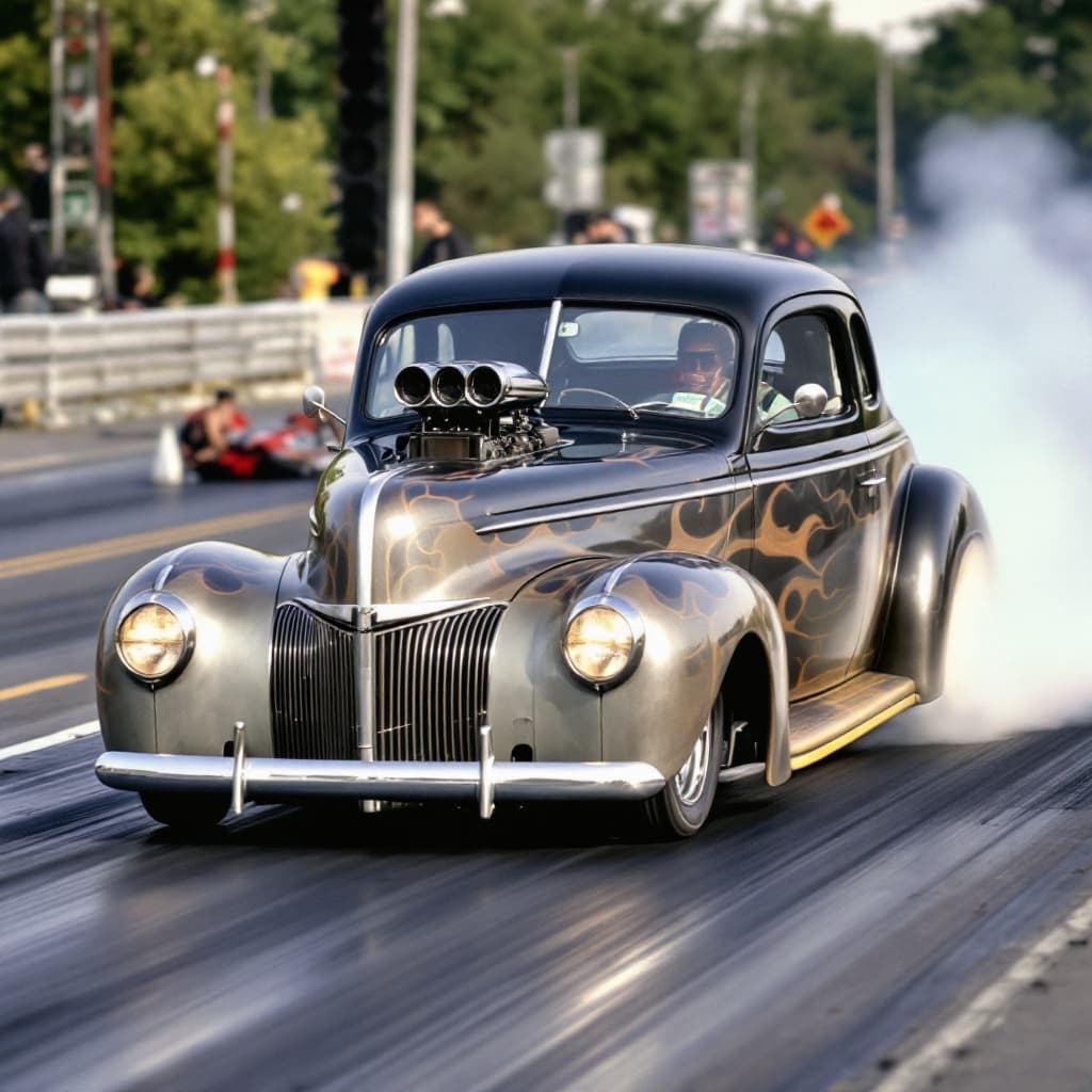 AI generated: Stone, woods, and cook 1941 Willy's coupe, 60's style gasser drag car, quarter mile drag race