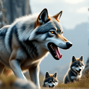 AI generated: Wolf mother an pups