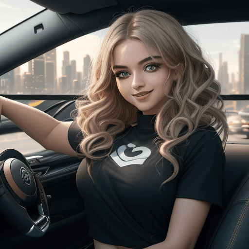 AI generated: Aan image of a young woman. Tiktok influencer, sitting in the driver's seat of a car, with a seatbel...