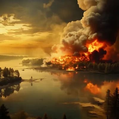 AI generated video: The camera flies over a lake towards a forest fire 