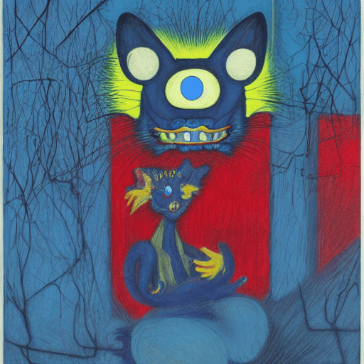 AI generated: A blue cat with yellow eyes and glowing teeth, in the style of David Wiesner, John Brack, Robert Rau...