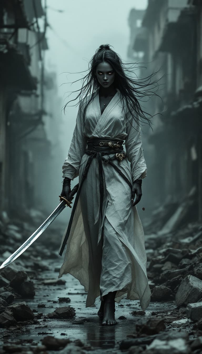 AI generated: Post apocalypse, In the thick fog of a dilapidated city, in the middle of a dilapidated street, a bl...