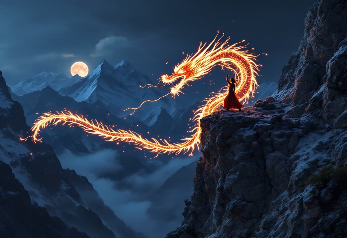 AI generated: Visualise a fire dancer on a Himalayan mountain cliff, their movement recreating mesmerizing trails ...