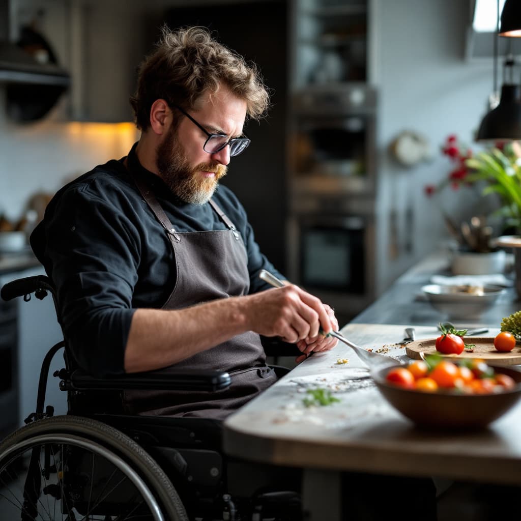 AI generated: creative chef working on his wheelchair 
after spinal cord 
injury whith reduced hand mobility who h...