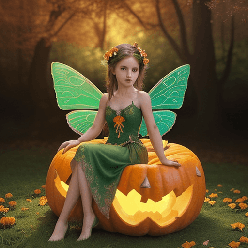 AI generated: Create an image of a fairy sitting inside a carved pumpkin, surrounded by flowers and leaves. The fa...