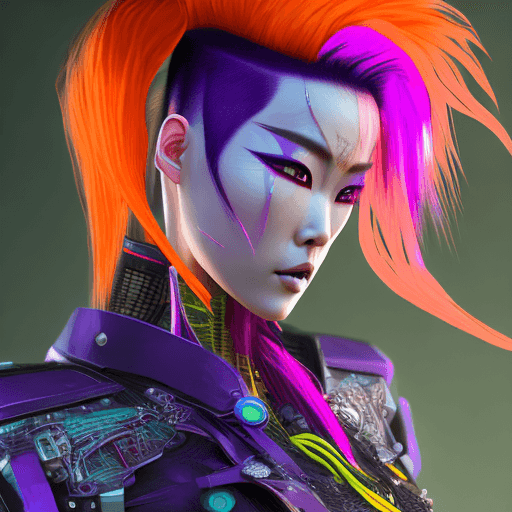AI generated: A hyper-realistic, photorealistic full-body portrait of a cyberpunk geisha woman with vibrant, neon-...