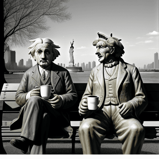 AI generated: Albert Einstein and Statue of Liberty drinking coffee on a park bench