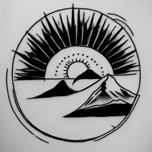 AI generated: Tattoo sketch in a circular outline, with sun and mountains motives and a bear, predominately black ...