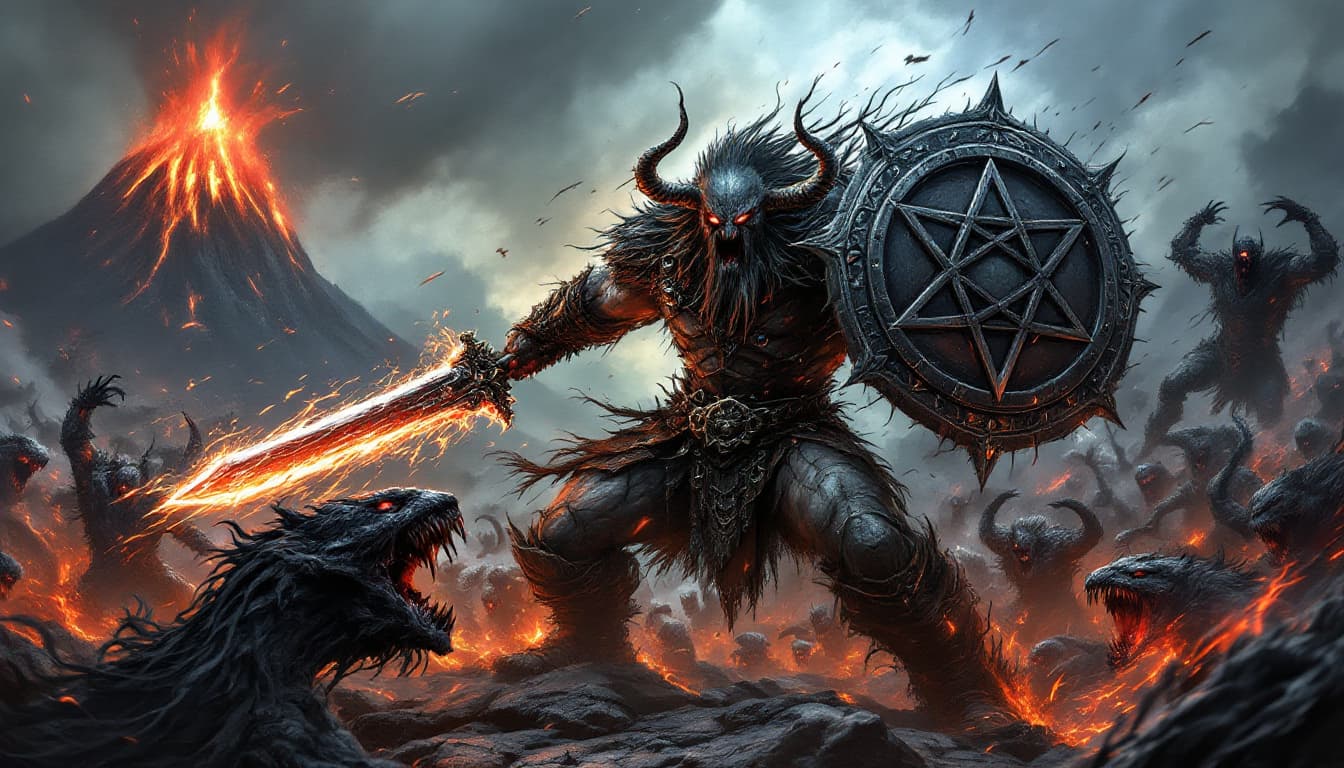 AI generated: A monstrous warrior wielding a massive sword and carrying a large shield in the shape of a pentagram...
