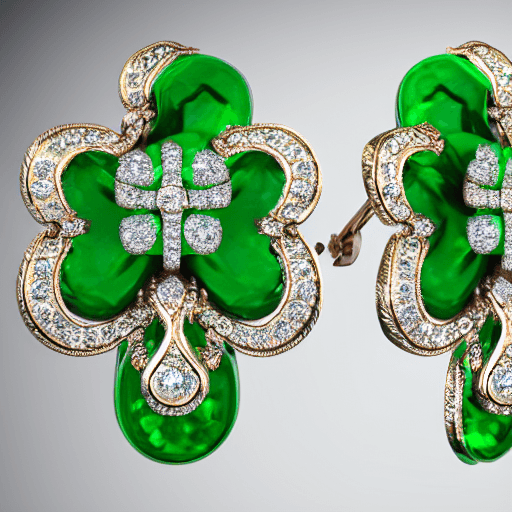 AI generated: full display of baroque style jewelry design, a pair of earrings, green gemstones with four-leaf clo...