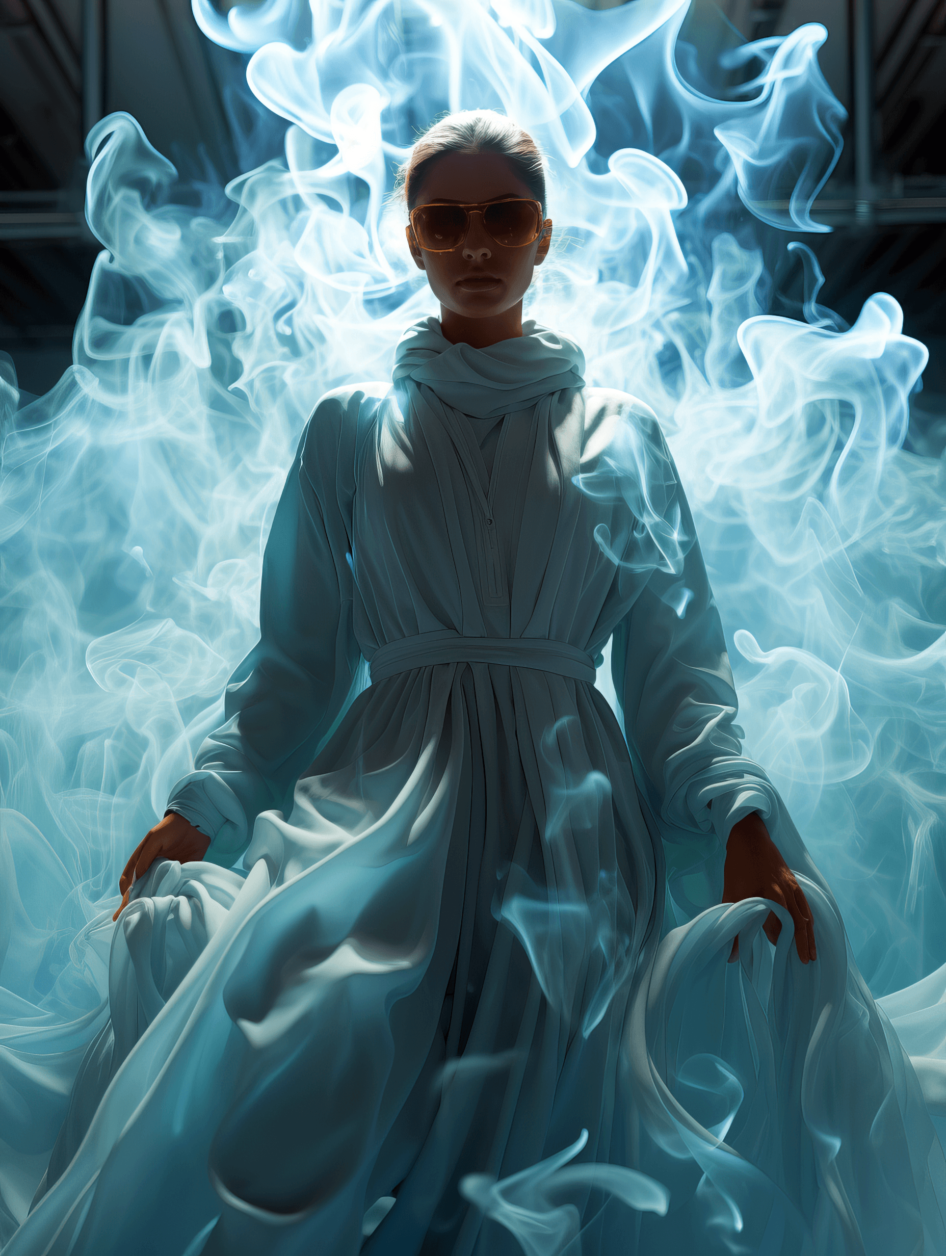 AI generated: an image of a woman in a bathrobe, in the style of sci-fi spectacle, energetic movement, smokey back...