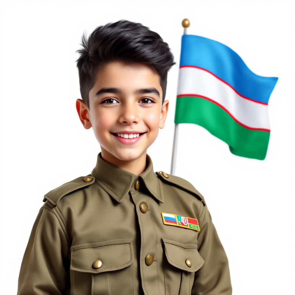 AI generated: A smiling boy dressed in the uniform of a young handsome black-haired Uzbek soldier. With his flag i...