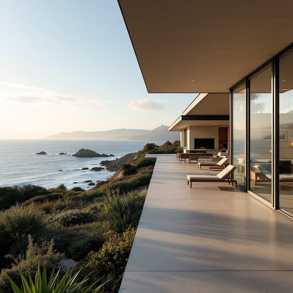 AI generated: Hyper realistic eye level exterior photo of a mid century modern style house overlooking the ocean, ...