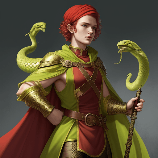 AI generated: fantasy, cleric of hesinde, short red hair, curls, male, lime vestment, lime turban, snake choker, s...