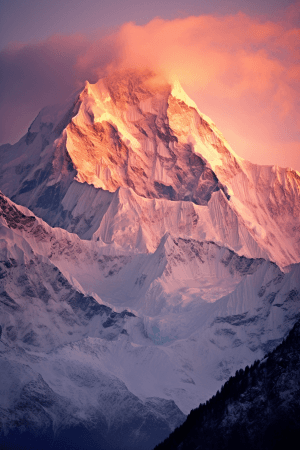 AI generated: A majestic mountain at sunrise, the grandeur of the landscape, with snow-capped peaks of white and p...