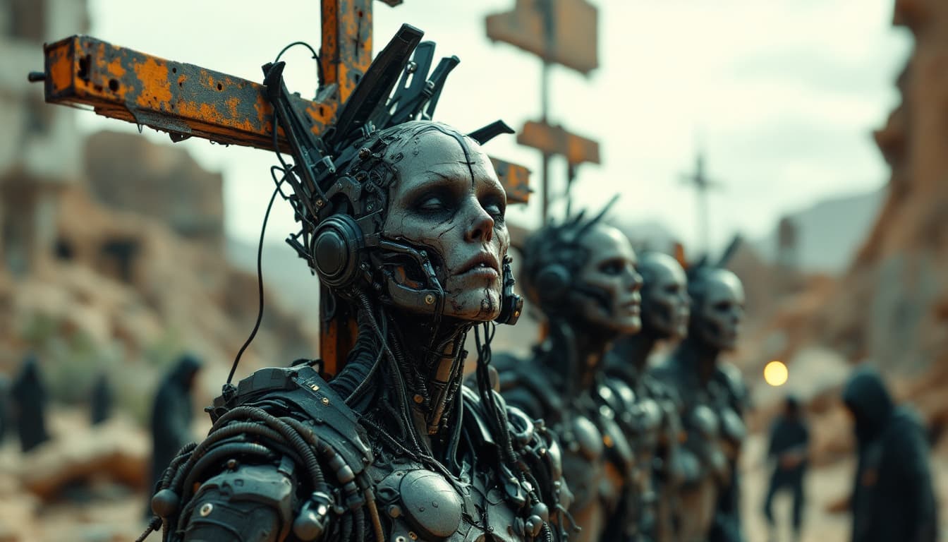 AI generated:  a sci-fi scenery a punishment representing three futuristic humanoids hybrids, in a full body view ...