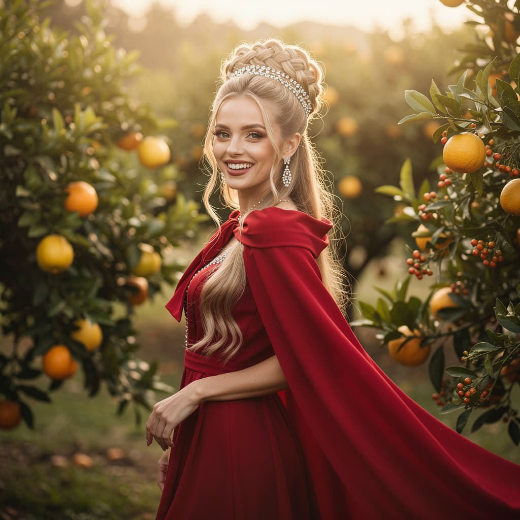 AI generated: An elegant, young woman with a macromastia breasts squats her blonde hair is adorned with jewels, an...