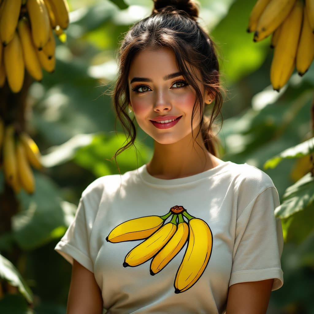 AI generated: A mesmerizing, hyperrealistic portrait of a pertty female in the  jungle,surrounded by bananas,weari...