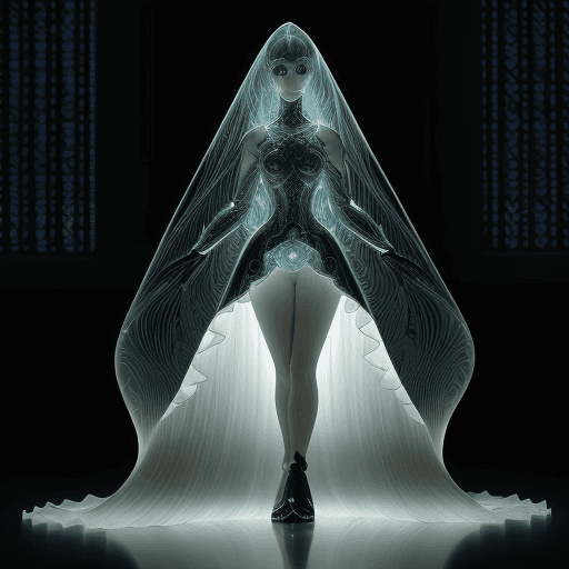 AI generated: a woman in a skirt and dress is standing in a dark room, in the style of translucent resin waves, te...