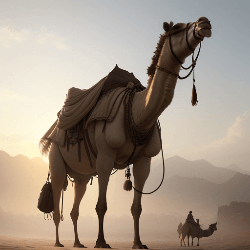 AI generated: Photo of a ultra realistic camel having a bag hanging from the saddle, dramatic light, pale sunrise,...