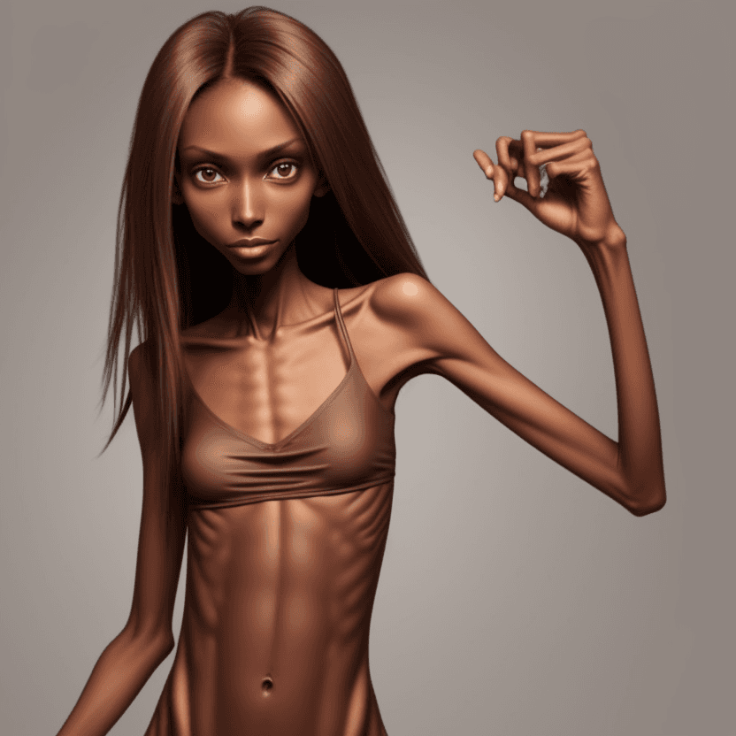 AI generated: extreme beautiful skinny brown skinned  slender face of skinny (almost anorexic) girl without a bra
