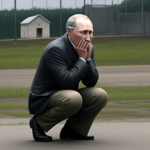 AI generated: Crying Putin staying on knees gaaga's prison on background