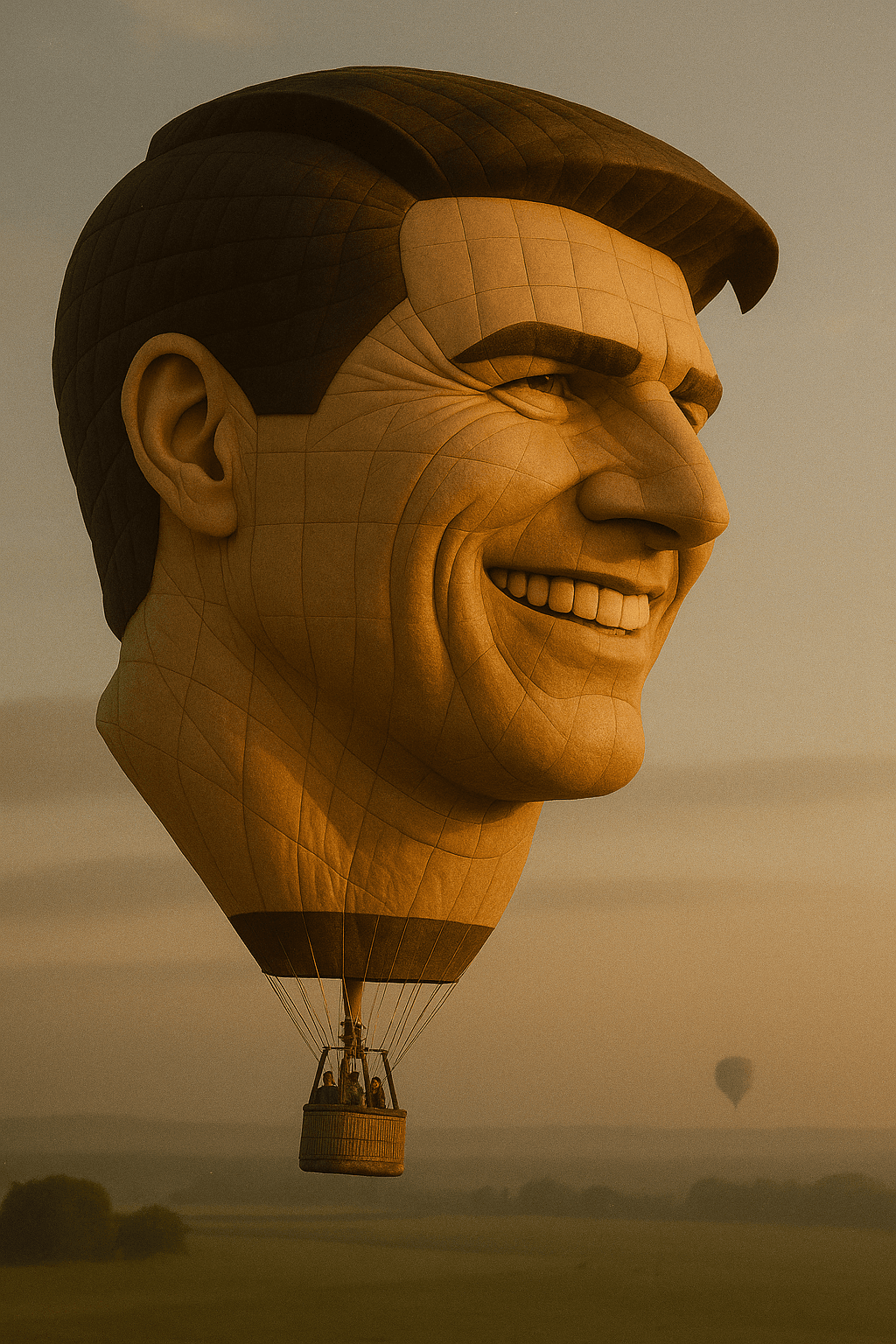 AI generated: A hyper-realistic photograph of a custom-built hot air balloon shaped like a man’s face, floating du...