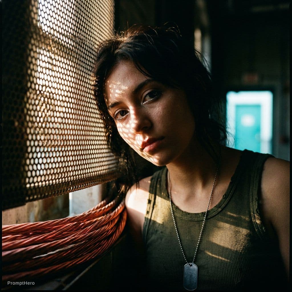 AI generated: Foreground copper cables glow copper-red in backlight. The girl presses against perforated metal mes...