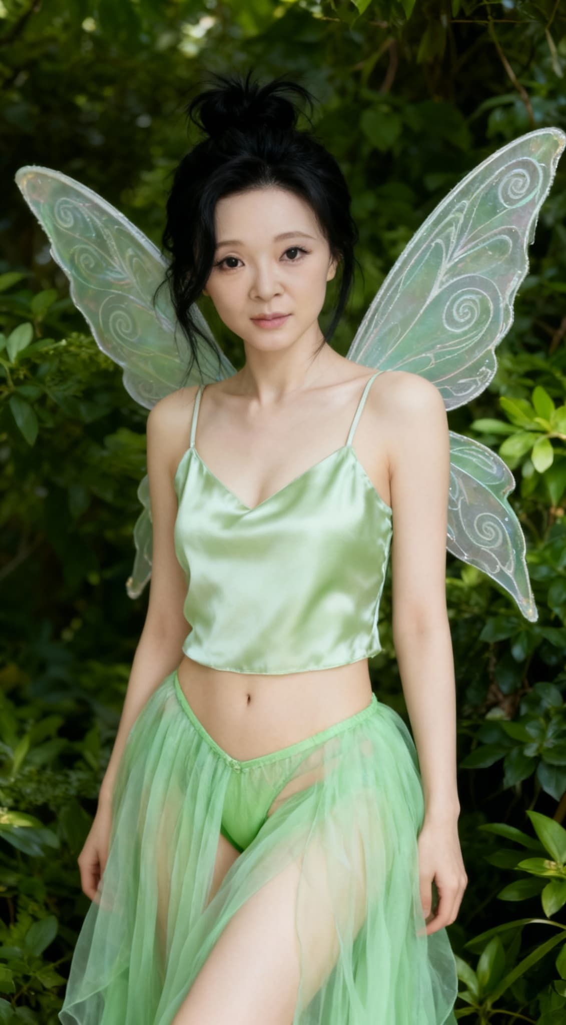 AI generated: Photograph of a young black hair woman with fair skin, standing in front of dense green foliage. She...