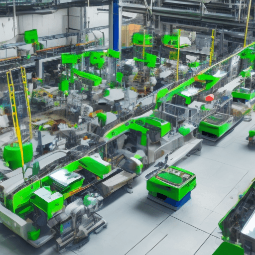 AI generated: Cartoon bird's-eye picture of a factory conveyor belt, Green Android robots being assembled, dayligh...