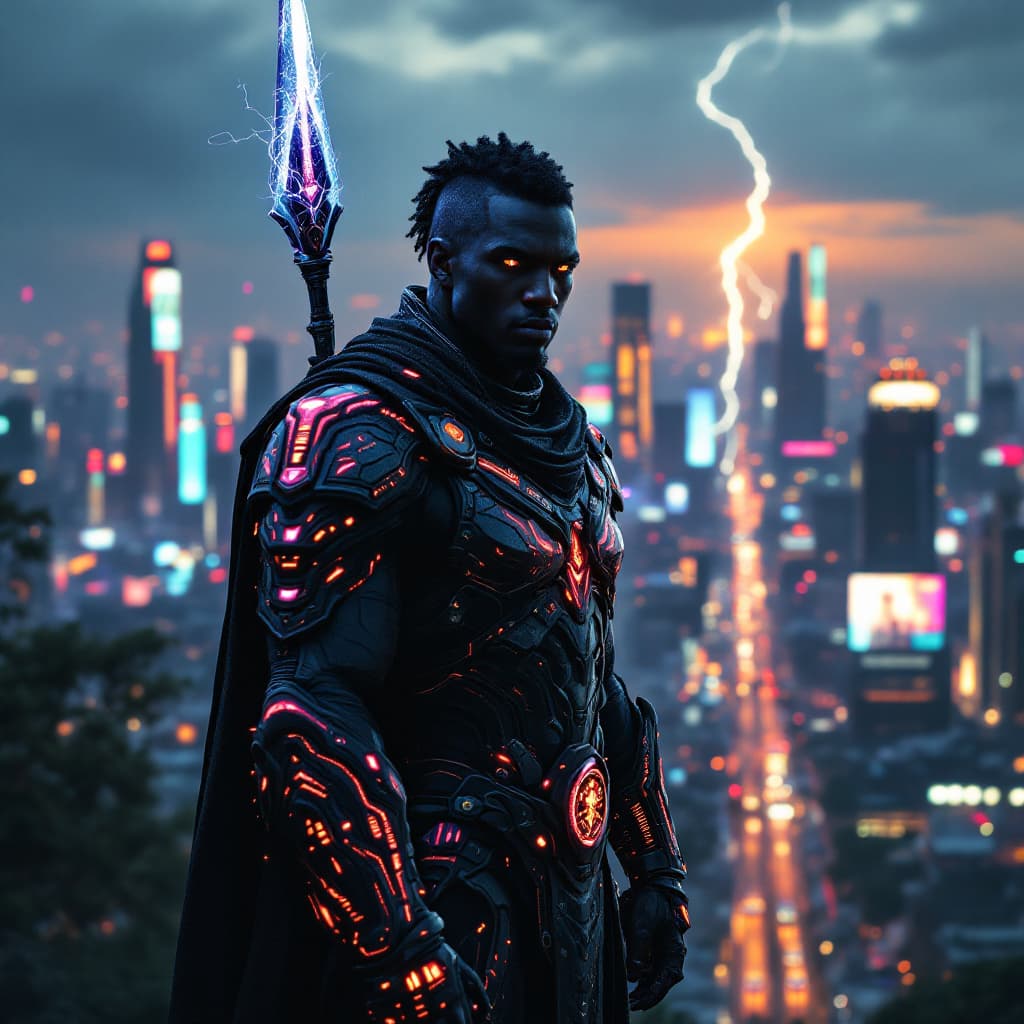 AI generated: A breathtaking, hyper-realistic 8K image of a futuristic African warrior standing on the edge of a v...