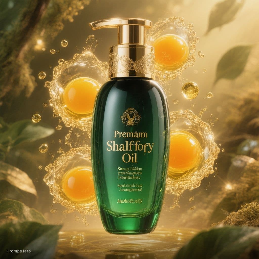 AI generated: luxury cosmetic product shot, egg yolk oil shampoo bottle, dark green premium cosmetic bottle with g...
