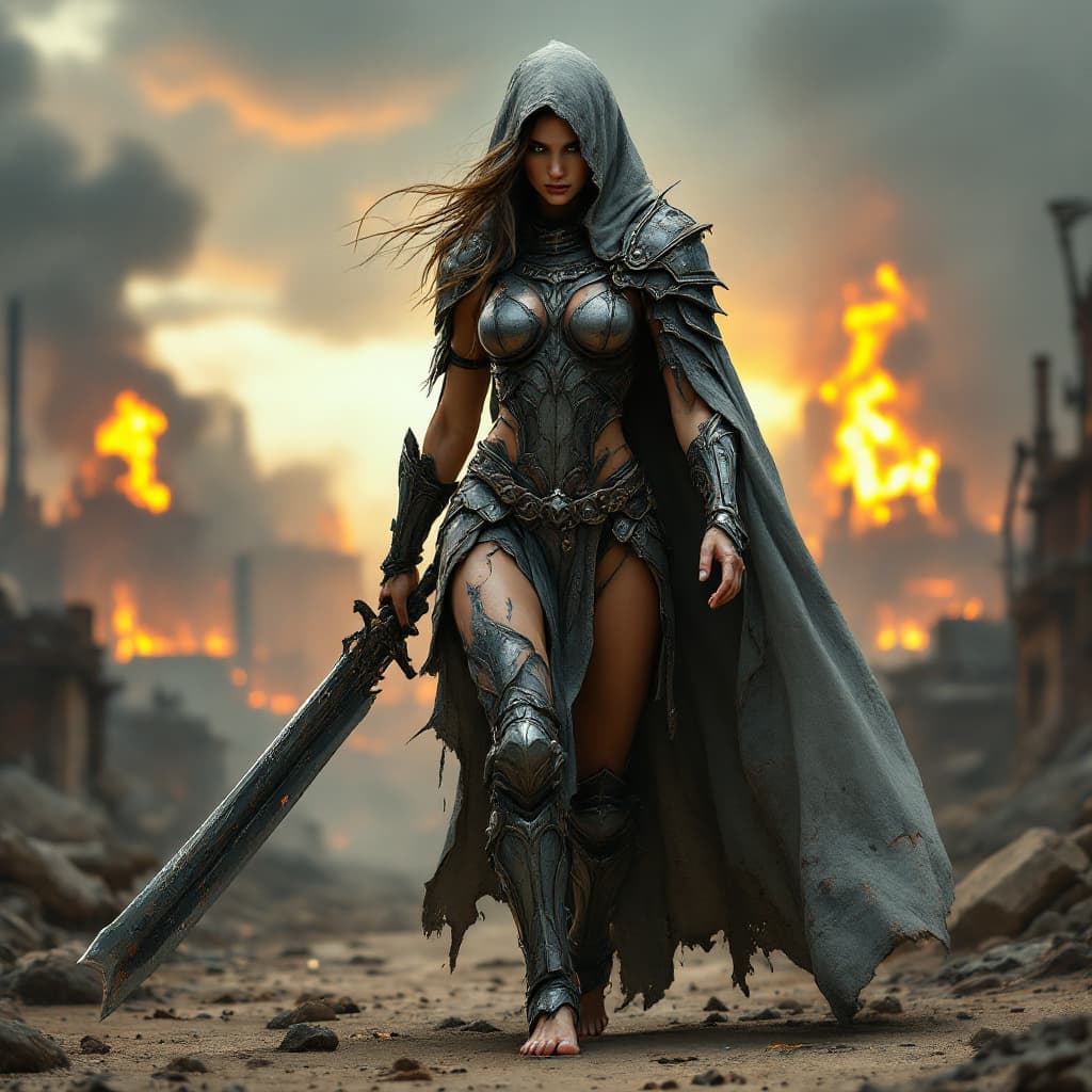 AI generated: A powerful female warrior, partially obscured by a tattered gray cloak that drapes over her head and...