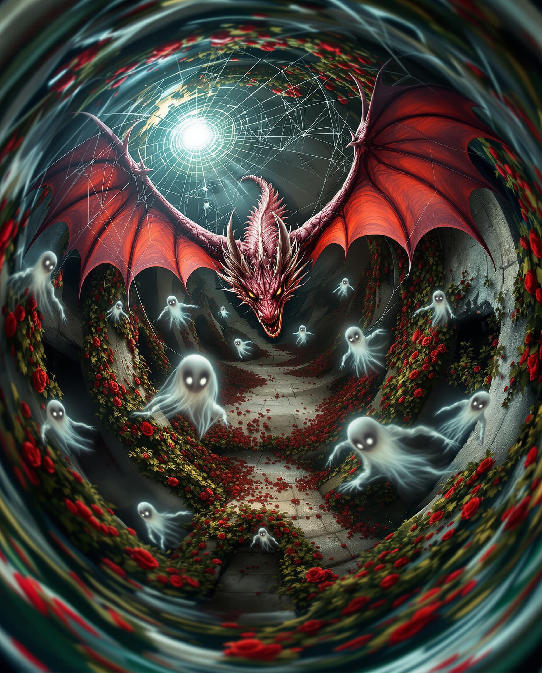 AI generated: Fisheye lens  aerial perspective perspective looking down from a birds eye view onto a dragon in fli...