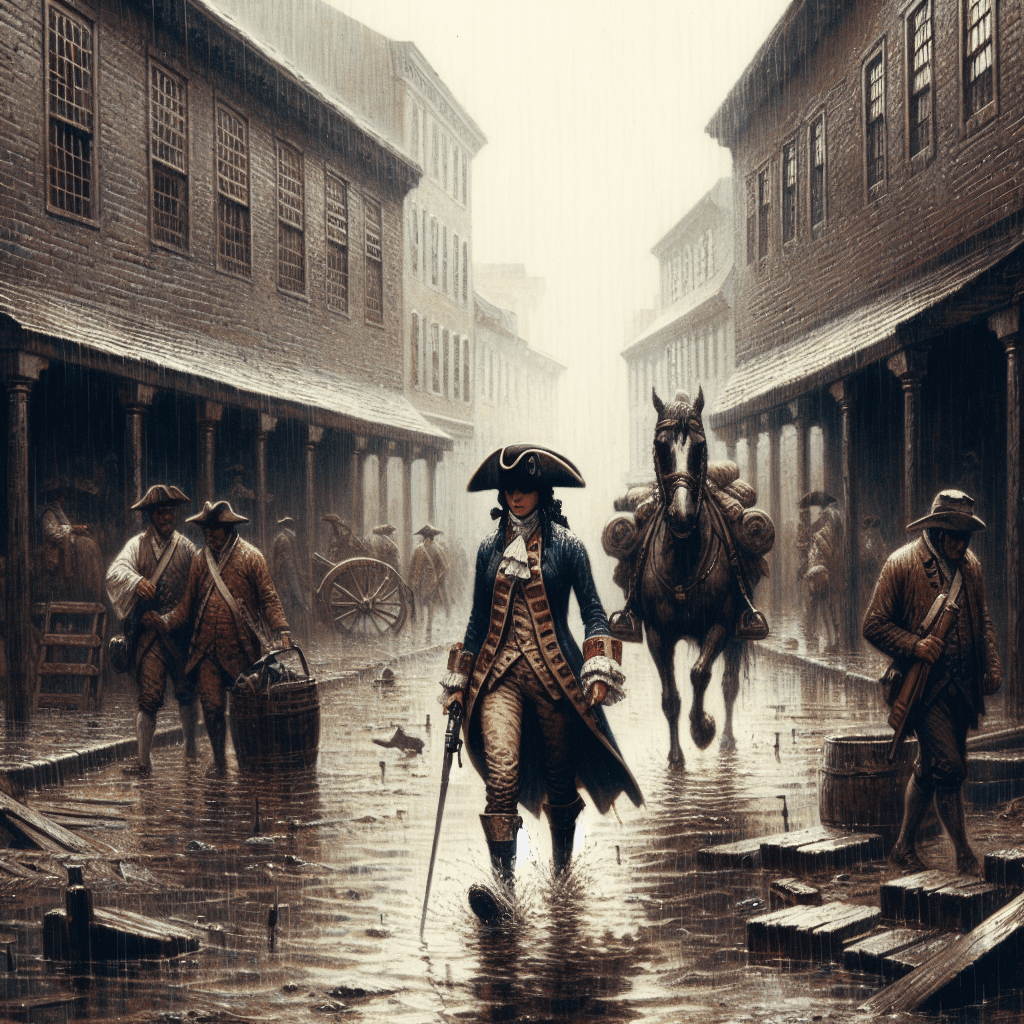 AI generated: Colonial Philadelphia, heavy rain, solder wearing a tricorn hat walks down a muddy road followed by ...