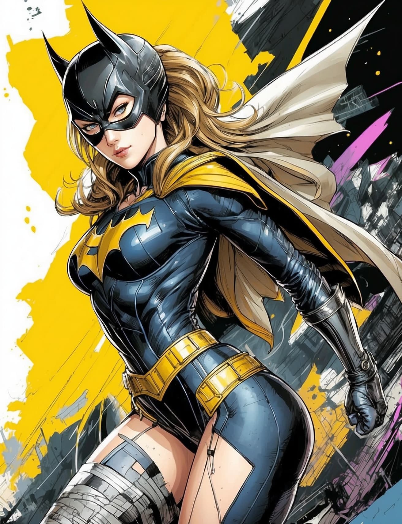 AI generated: a masterpiece, batgirl/supergirl from dc comic wearing alternate yellow costume, coy and alluring, f...
